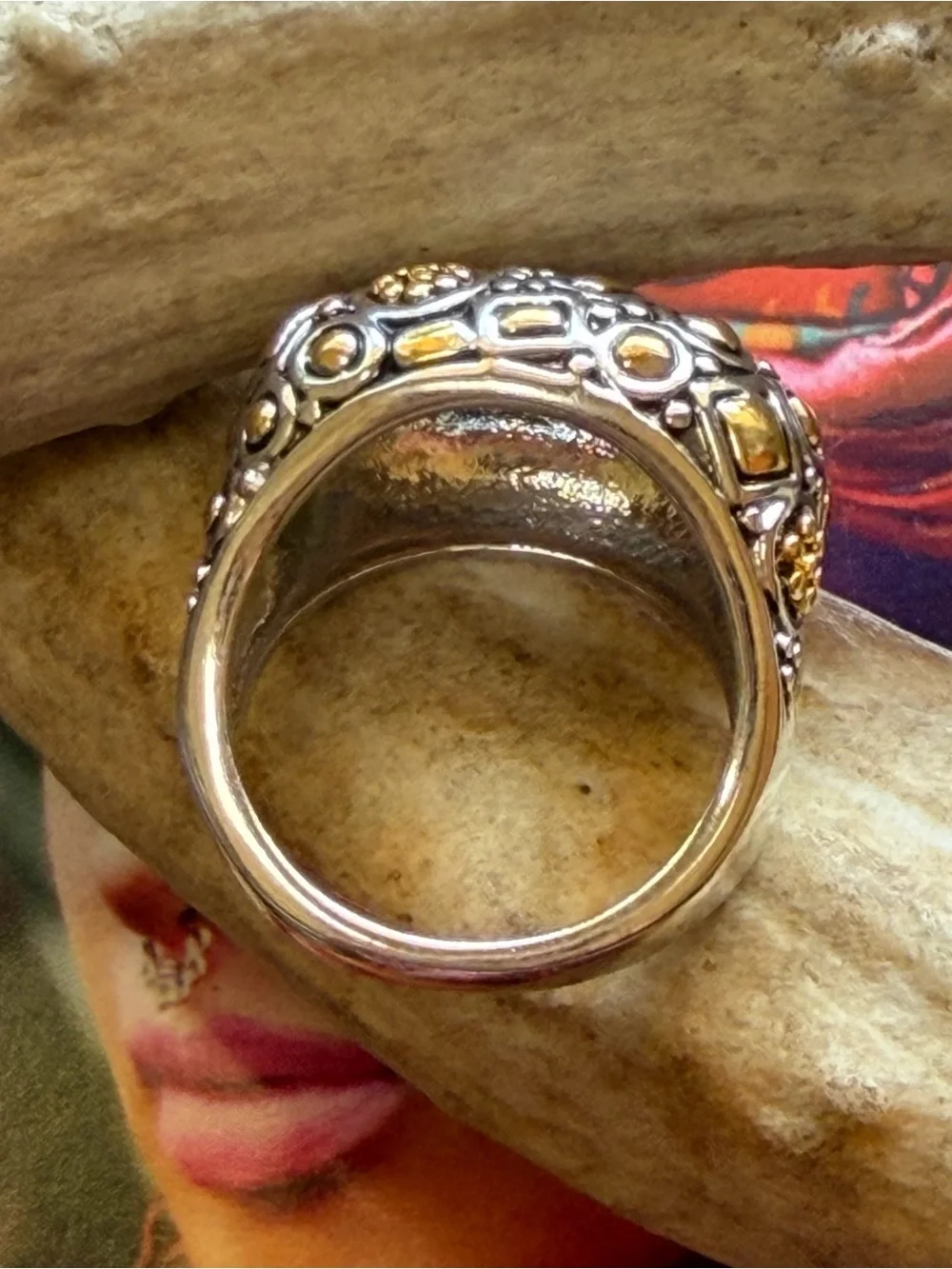 Boho Two-Tone Wide Band Cocktail Ring Geometric Mosaic Design